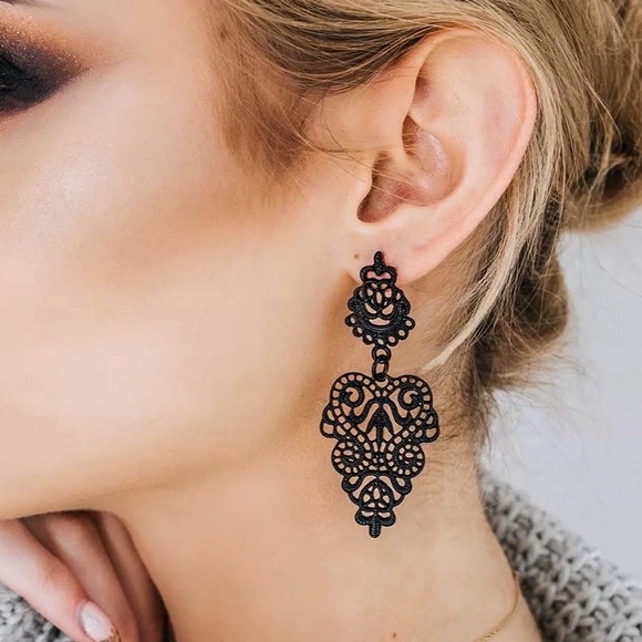 Any 2/$20! Black Lace Statement Drop Earrings - Picture 4 of 10